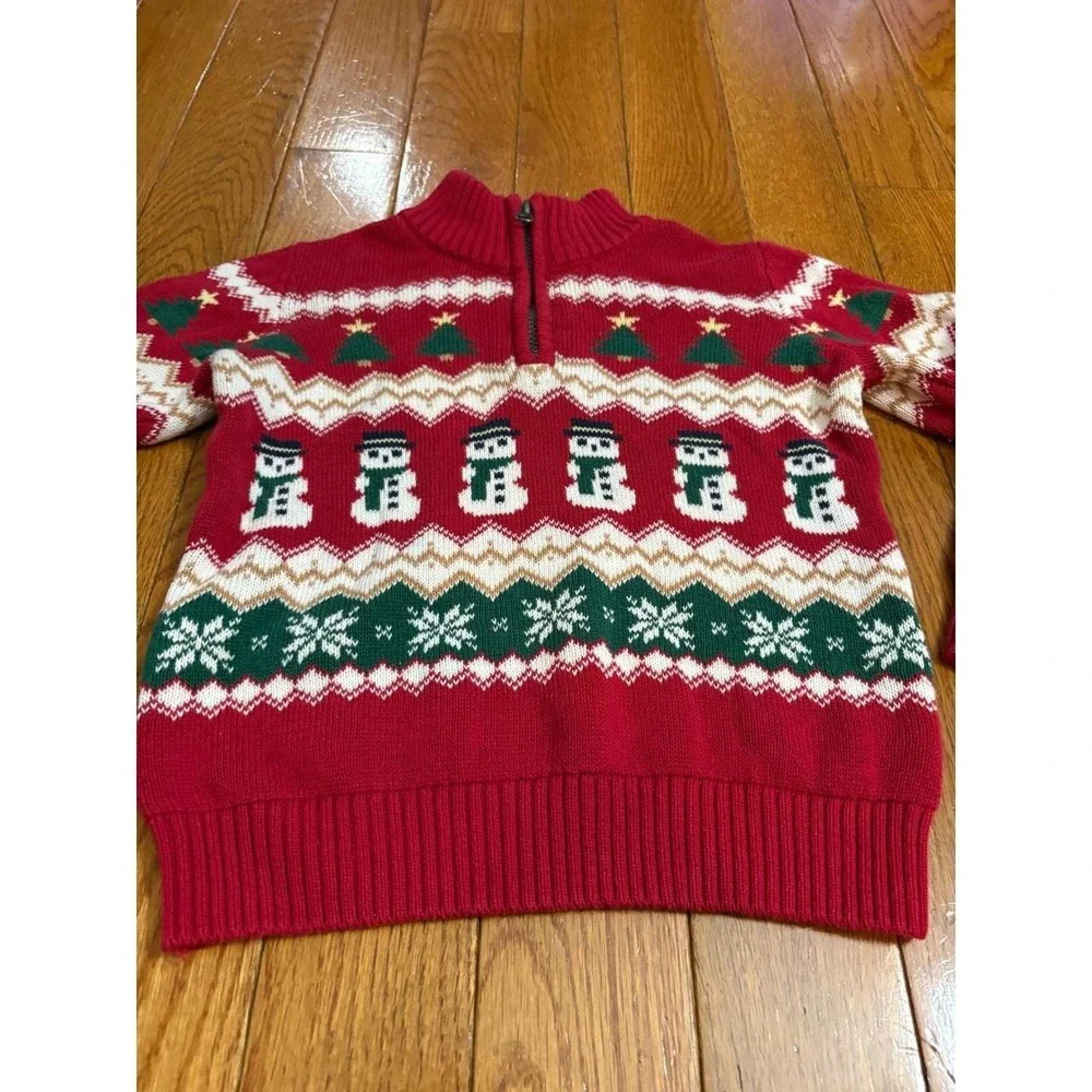 The Childrens Place Kids Red Fair Isle Snowman Christmas Quarter Zip Sweater 5T